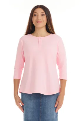 Pink 3/4 Sleeve Cotton Henley T-Shirt Top for Women