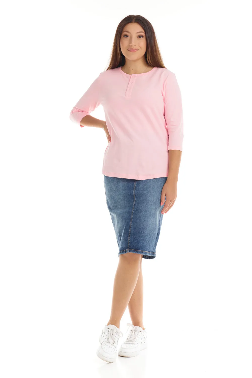 Pink 3/4 Sleeve Cotton Henley T-Shirt Top for Women