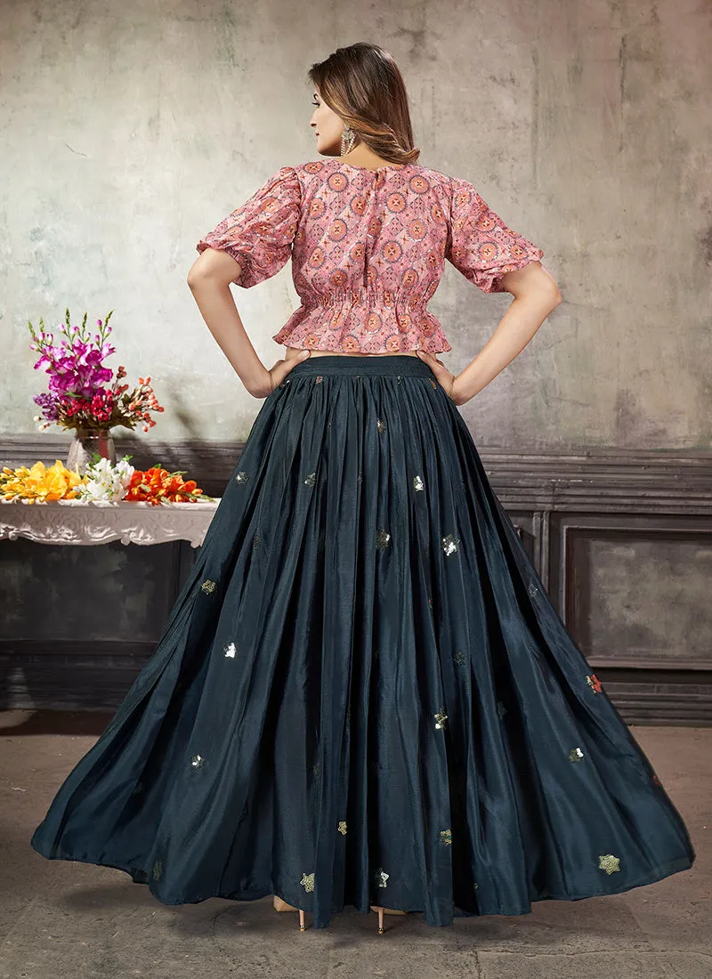 Pink And Blue Sequence Embroidery Traditional Flared Skirt And Top