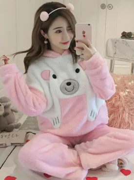 PINK AND WHITE BEAR LONG SLEEVE WOMEN VELVET SUIT