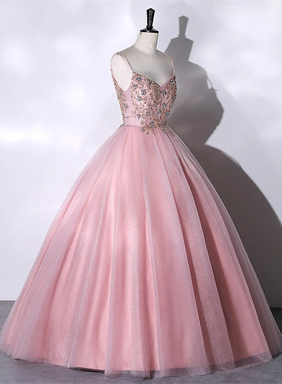 Pink Ball Gown Beaded V-neckline Prom Dress, Pink Sweet 16 Dresses