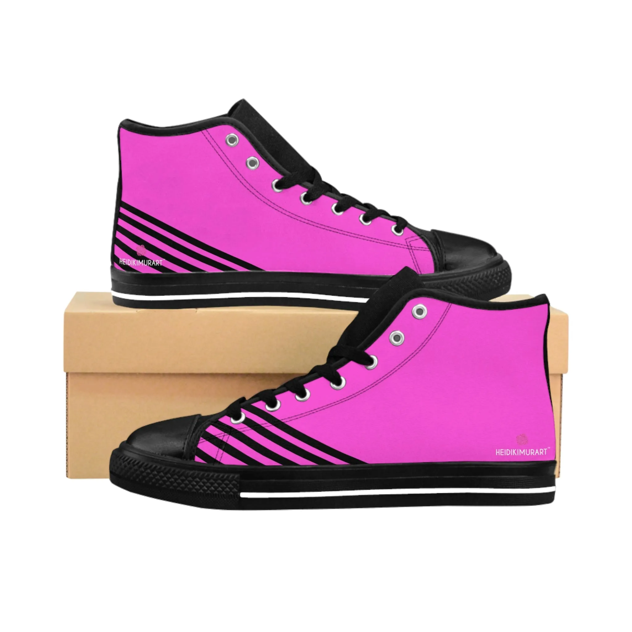 Pink Black Striped Men's Sneakers, Diagonal Striped Printed Designer Men's High Top Sneakers