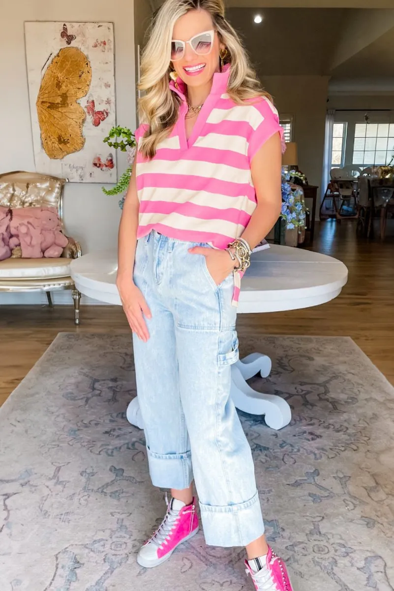 Pink Collar Stripe Cap Sleeve Top