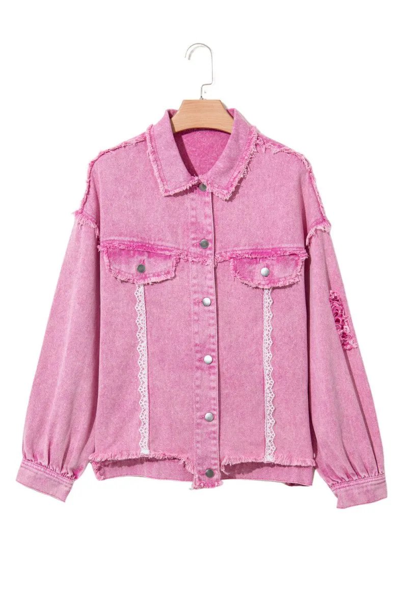 Pink Distressed Lace Denim Jacket