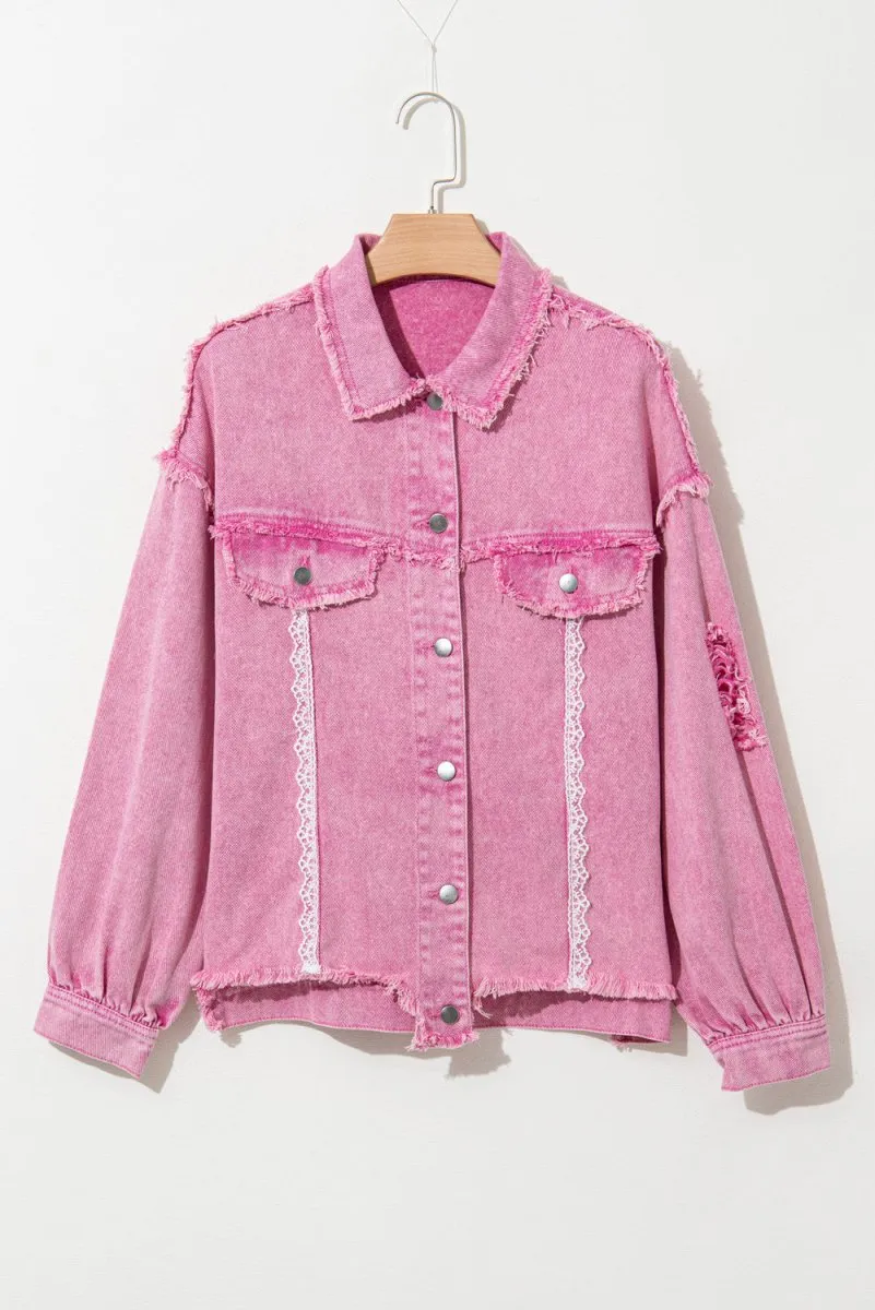 Pink Distressed Lace Denim Jacket