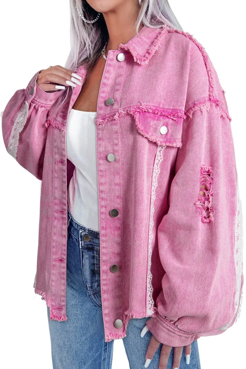 Pink Distressed Lace Denim Jacket