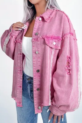 Pink Distressed Lace Denim Jacket