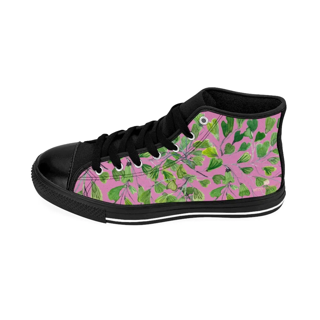 Pink Fern Men's High-top Sneakers, Green Cute Maidenhair Leaf Designer Tennis Running Shoes