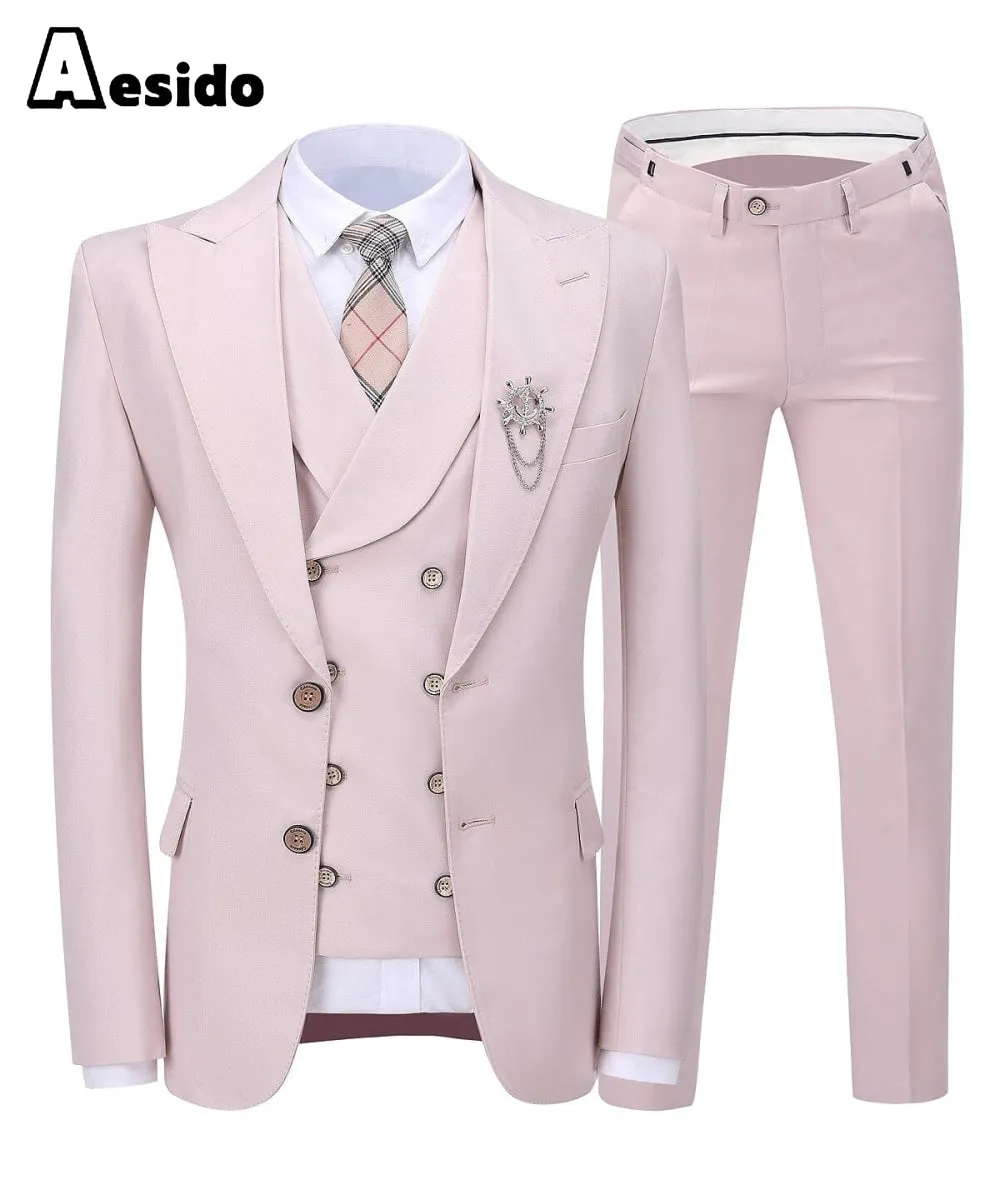 Pink Flat Peak Lapel 3 Pieces Mens Suit For Wedding (Blazer vest Pants)