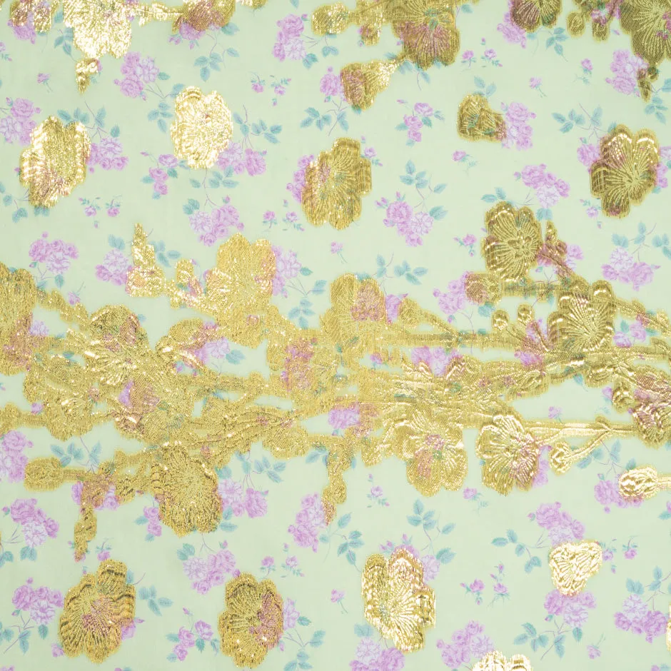 Pink Floral Printed Soft Green Metallic Chiffon