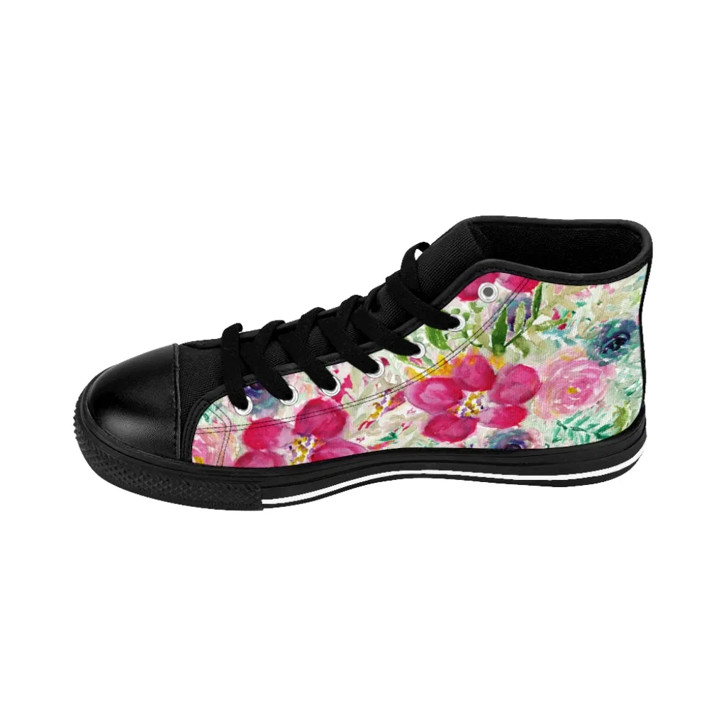 Pink Floral Women's Sneakers, Flower Print Designer High-top Sneakers Tennis Shoes (US Size: 6-12)