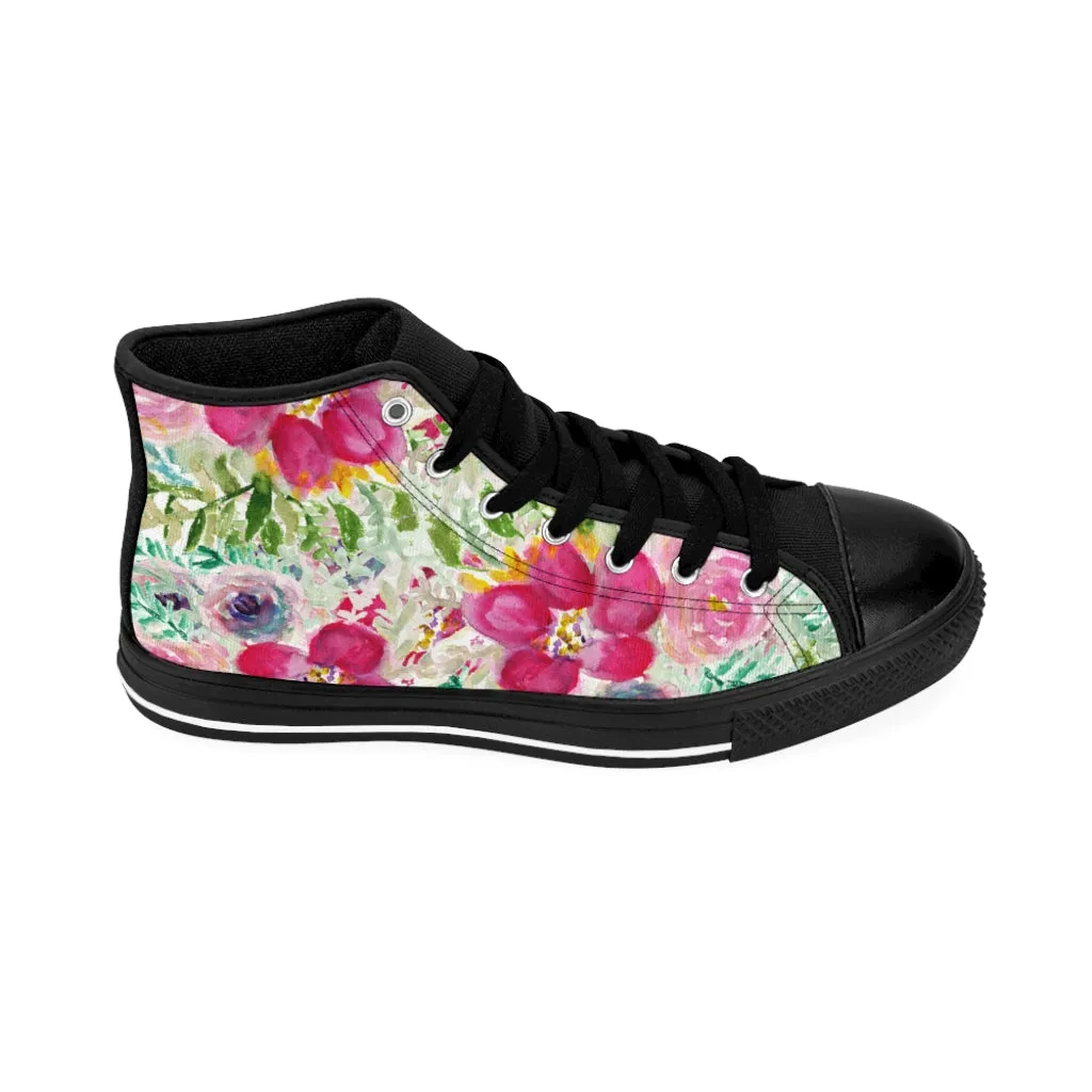 Pink Floral Women's Sneakers, Flower Print Designer High-top Sneakers Tennis Shoes (US Size: 6-12)