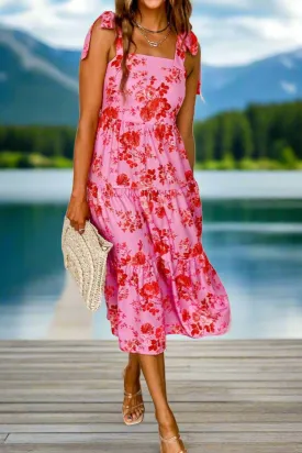 Pink Florals Sleeveless Tiered Summer Midi Dress