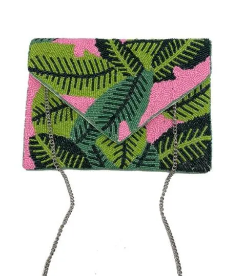 Pink Foliage Handmade Beaded Clutch