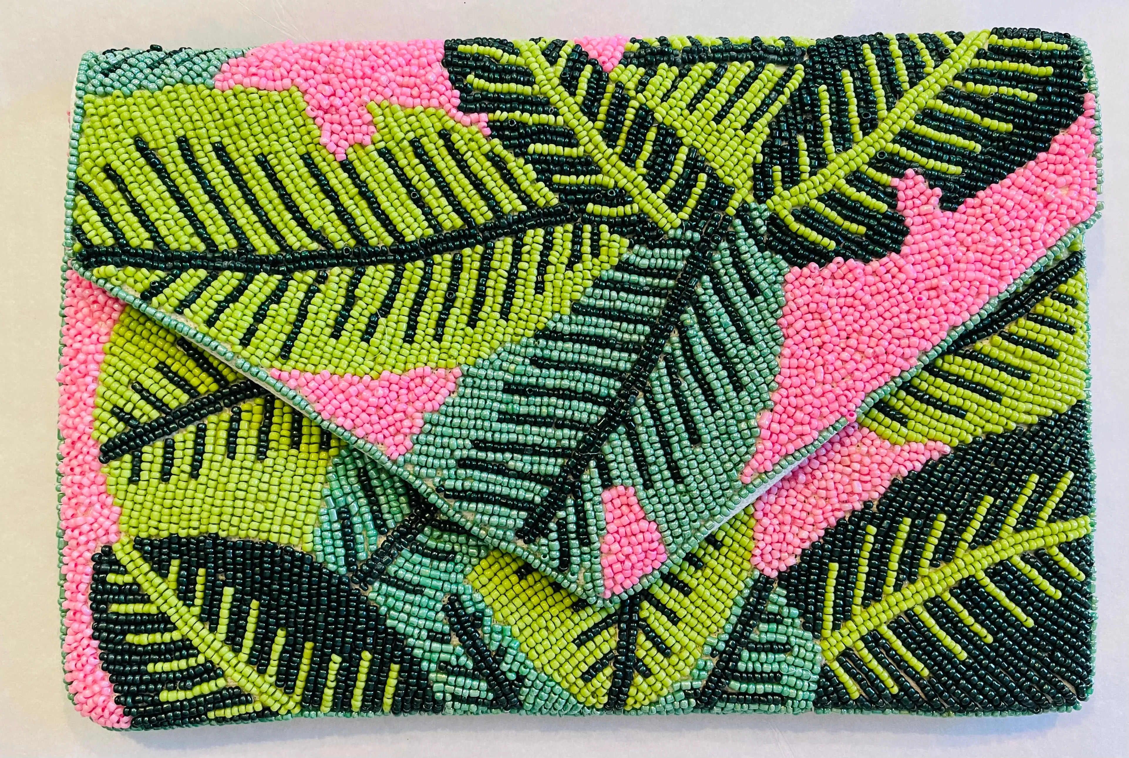 Pink Foliage Handmade Beaded Clutch