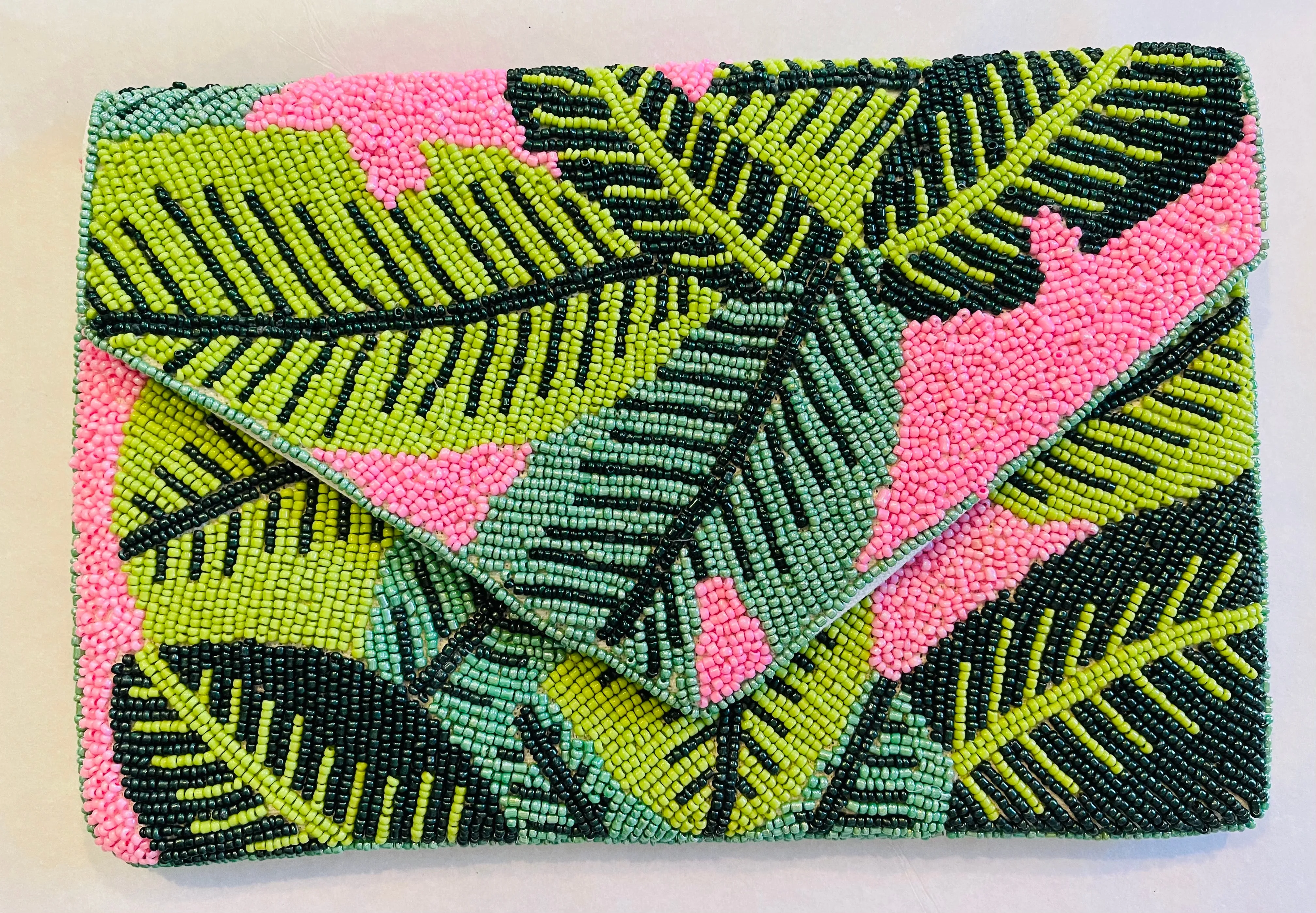 Pink Foliage Handmade Beaded Clutch