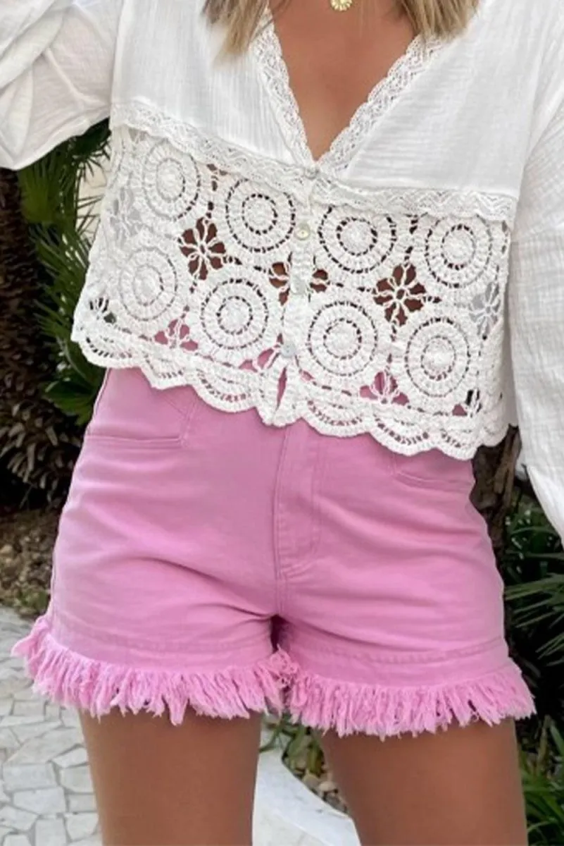 Pink Frayed Edge Denim Shorts