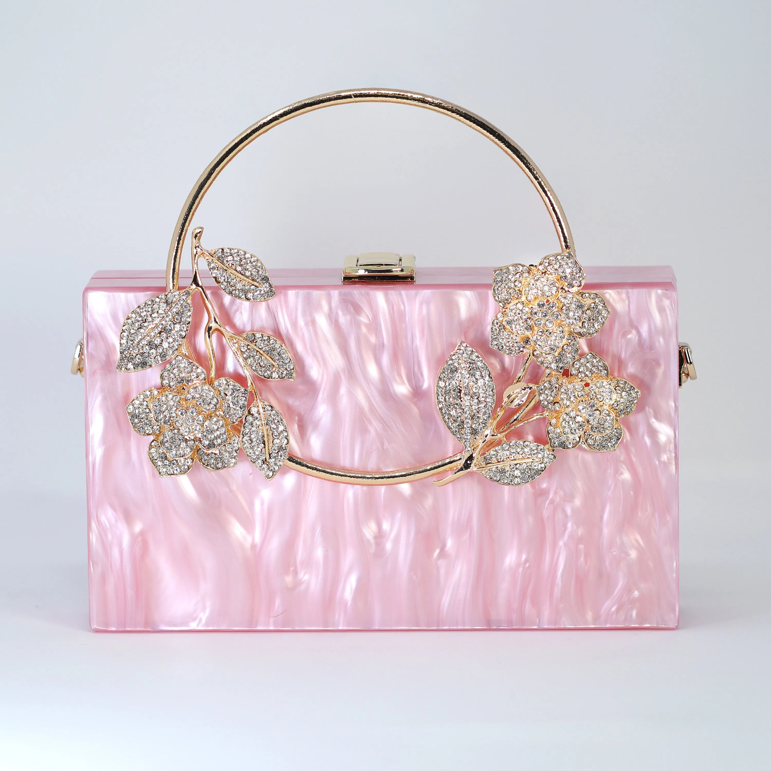 Pink Gold Floral Acrylic Rhinestones Wedding Bag, Statement Bag, Evening Clutch, Wedding Clutch, Bridal Clutch, Bridal Cross body bag.