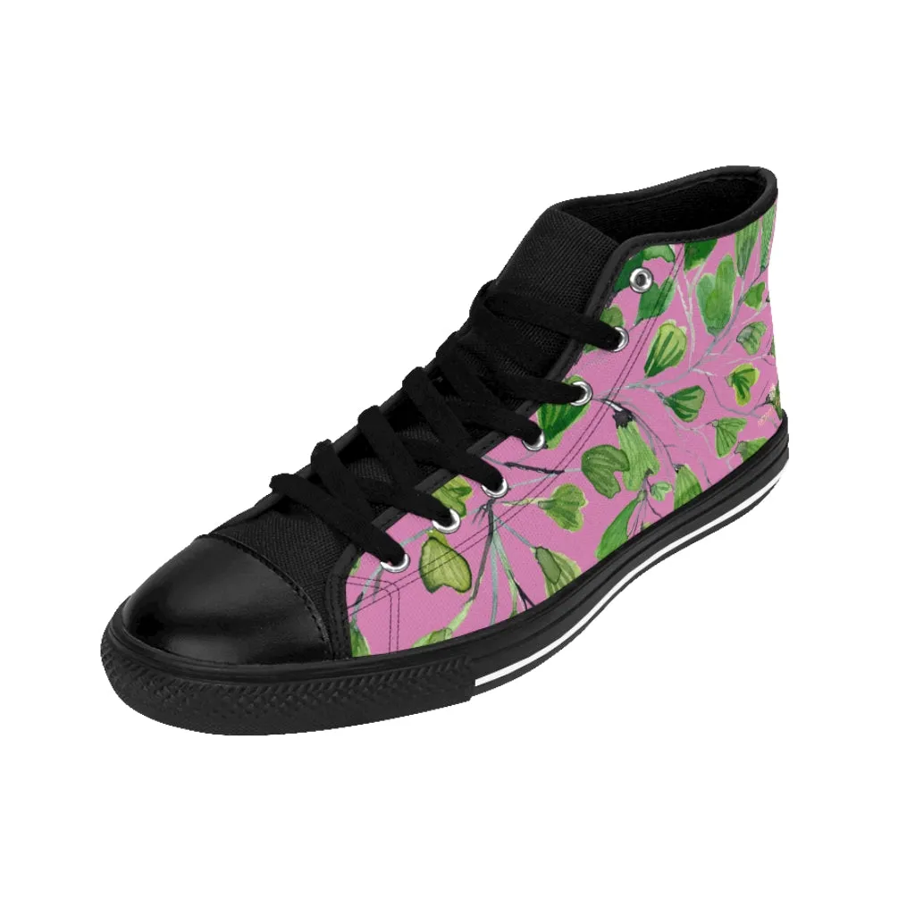 Pink Green Maidenhair Men's Tennis Shoes, Tropical Print Designer Best High-top Sneakers For Men