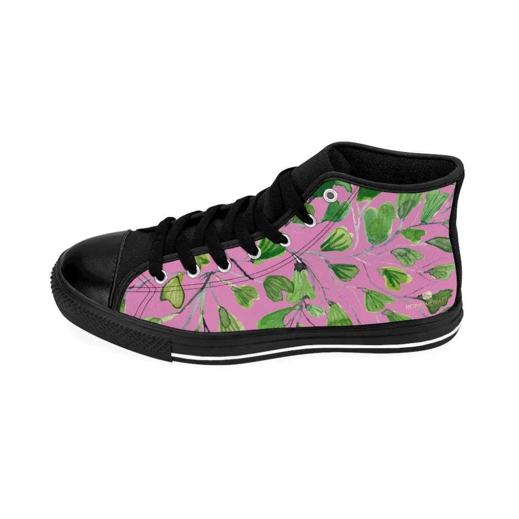 Pink Green Maidenhair Men's Tennis Shoes, Tropical Print Designer Best High-top Sneakers For Men