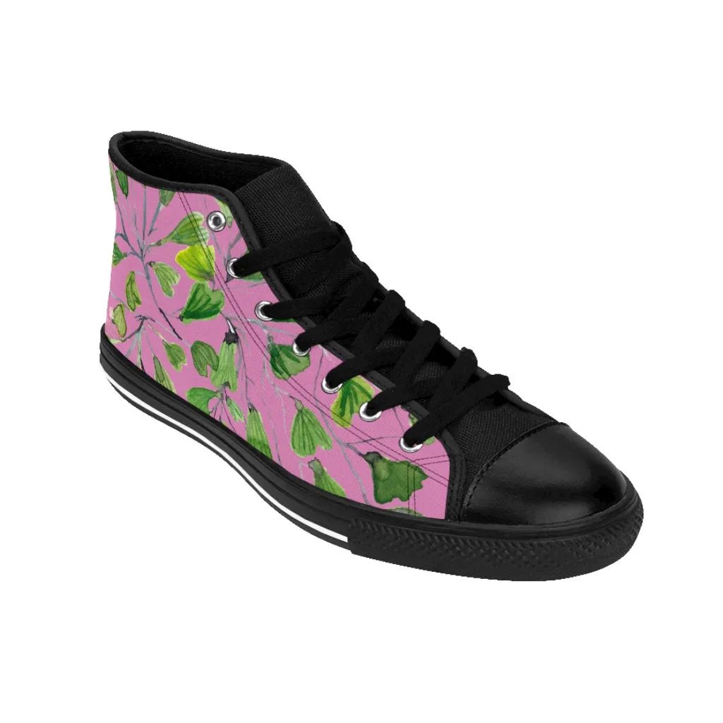 Pink Green Maidenhair Men's Tennis Shoes, Tropical Print Designer Best High-top Sneakers For Men