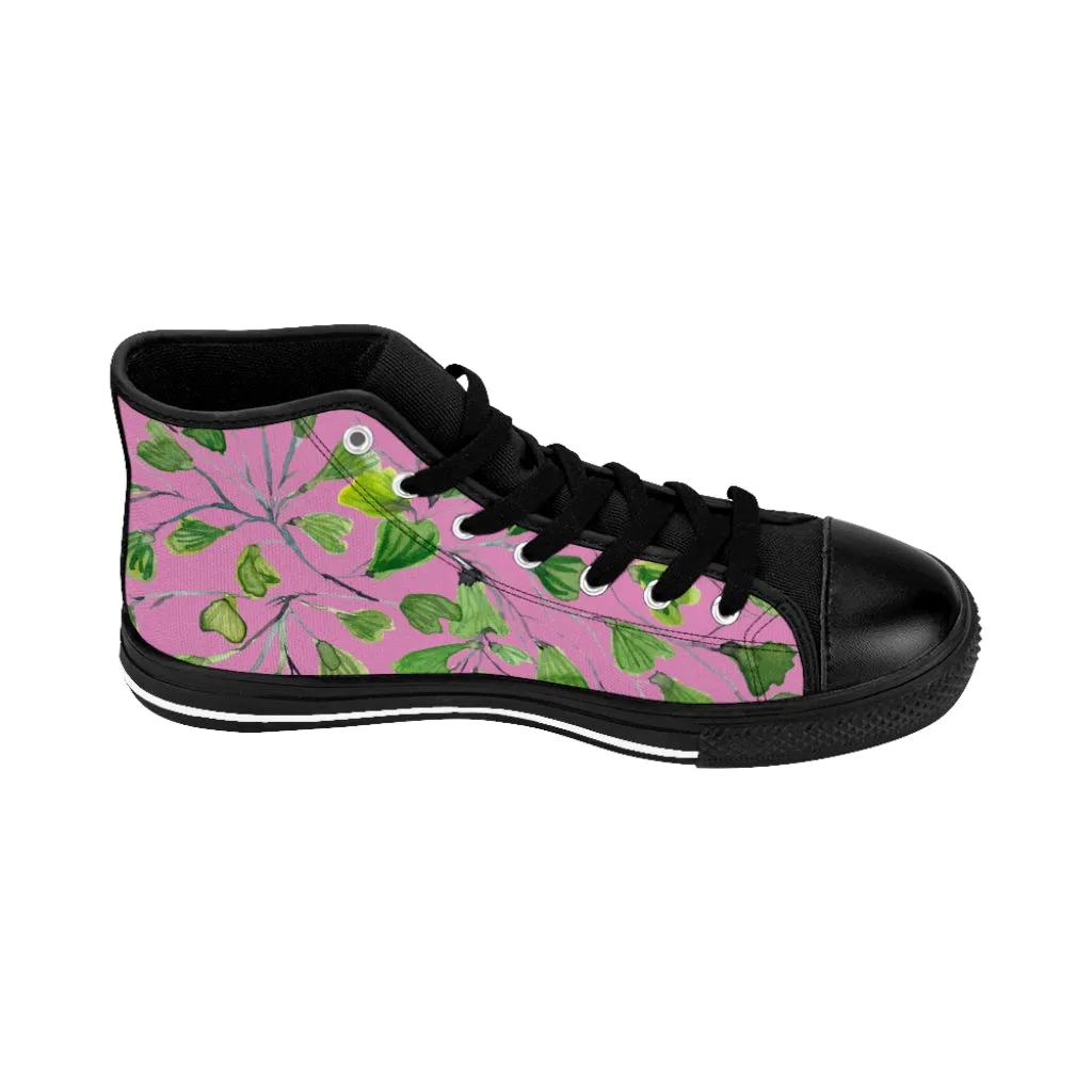 Pink Green Maidenhair Men's Tennis Shoes, Tropical Print Designer Best High-top Sneakers For Men