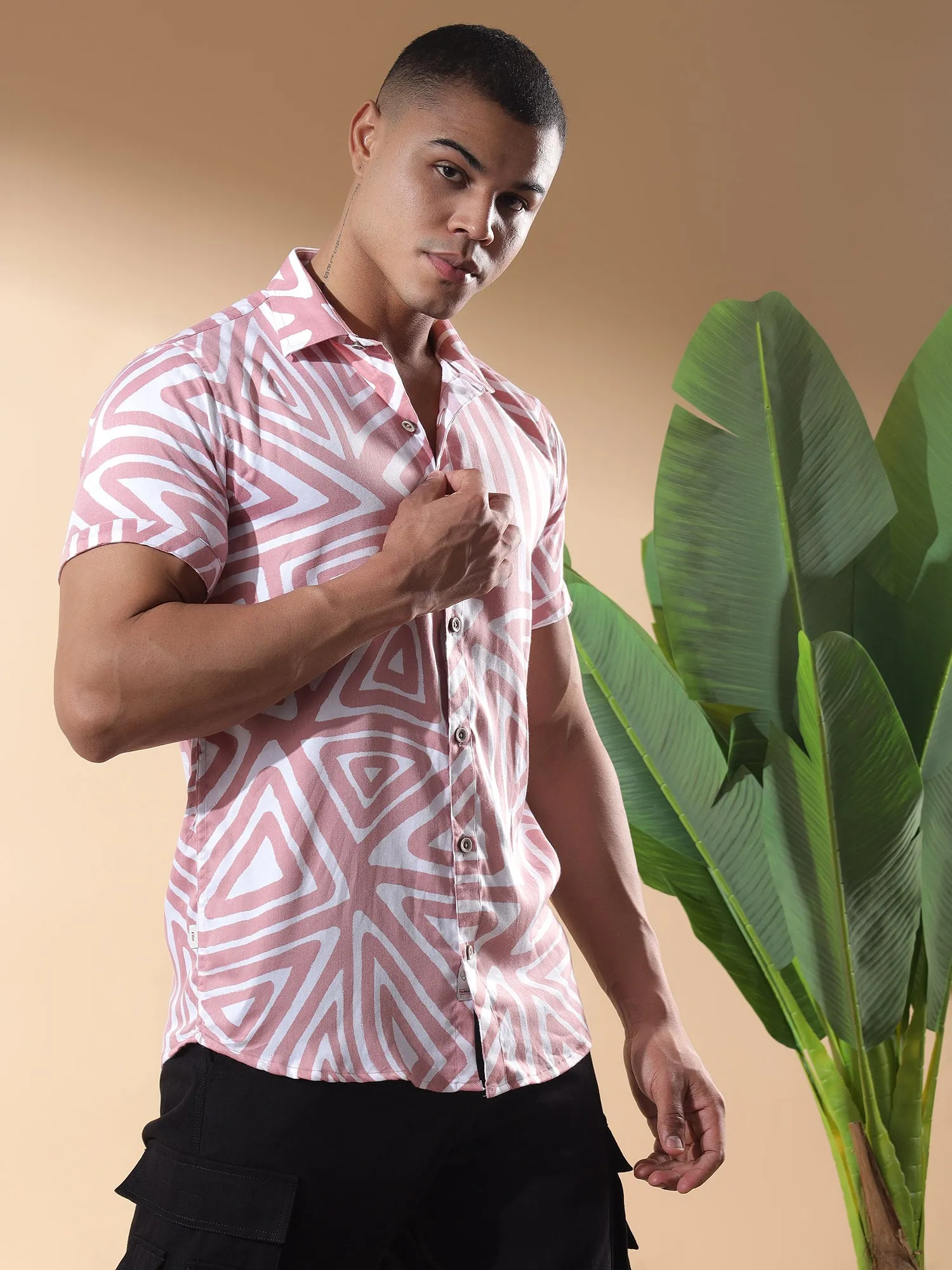 Pink Half Casual Printed Cotton Shirt Regular Fit For Man