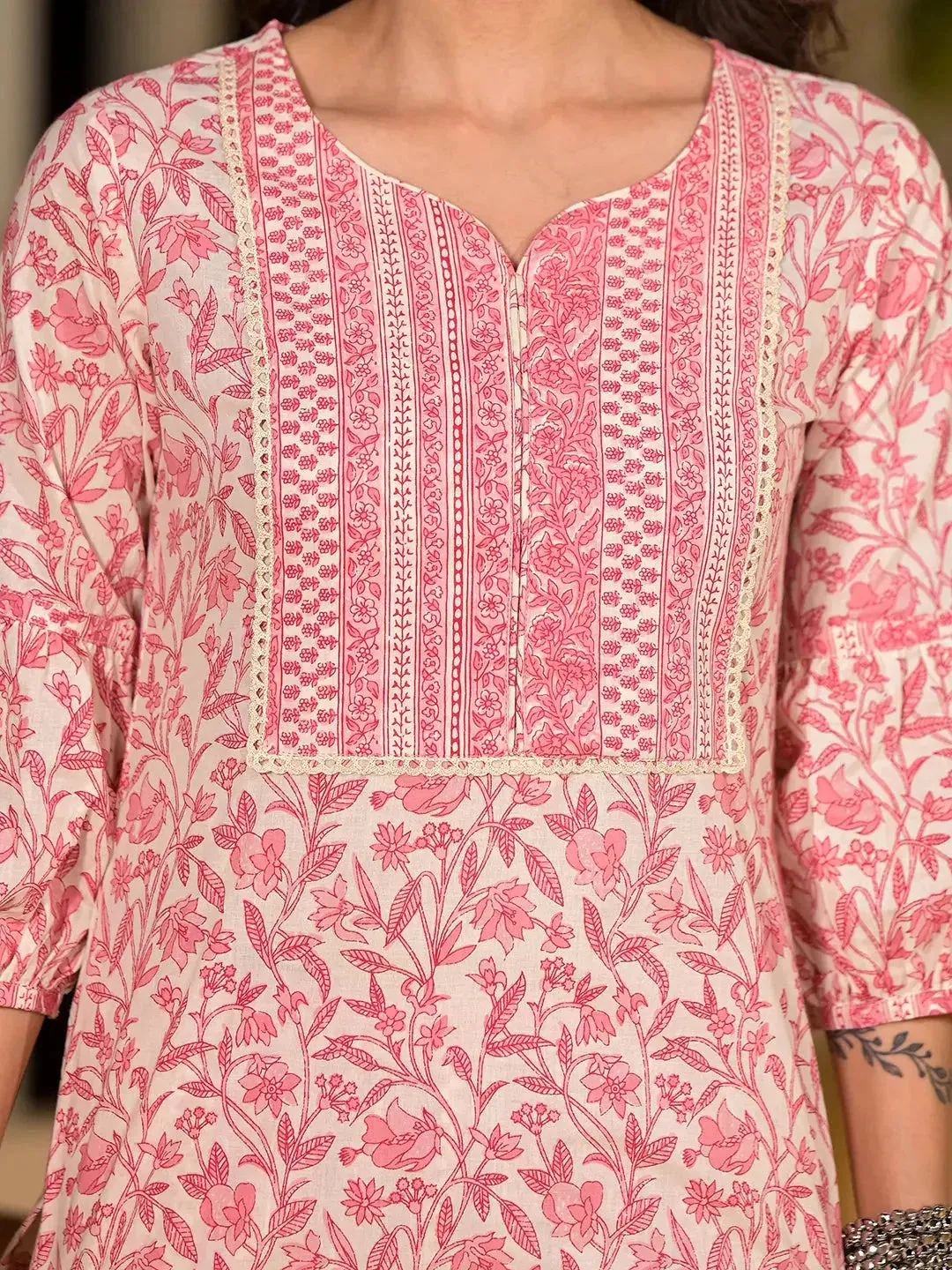 Pink Leaf Print Piping On Yoke Straight Kurta With Trousers And Dupatta Set