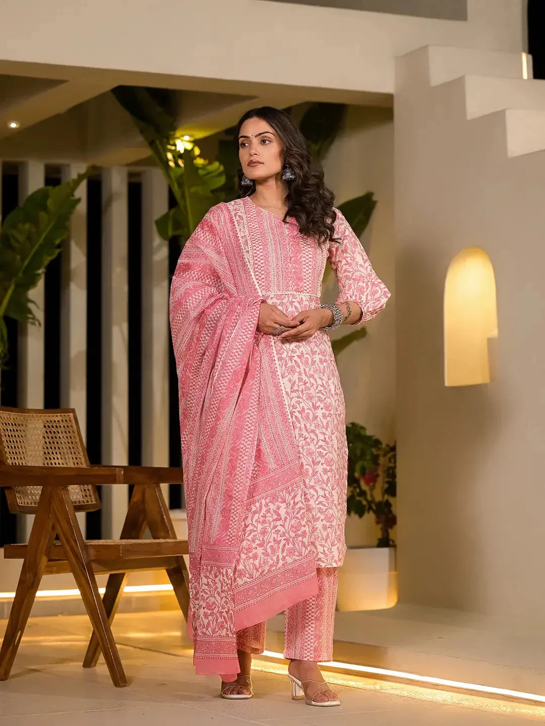 Pink Leaf Print Piping On Yoke Straight Kurta With Trousers And Dupatta Set