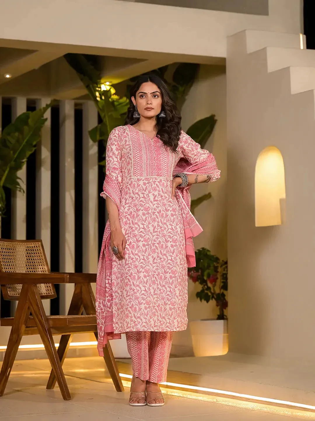 Pink Leaf Print Piping On Yoke Straight Kurta With Trousers And Dupatta Set