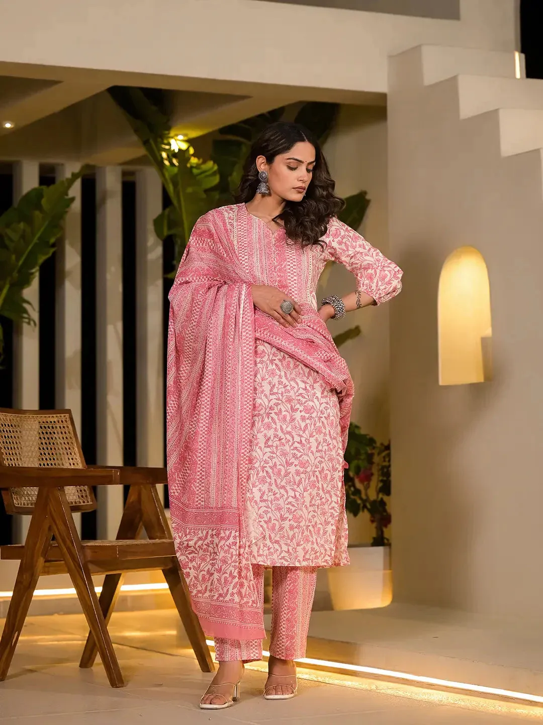 Pink Leaf Print Piping On Yoke Straight Kurta With Trousers And Dupatta Set