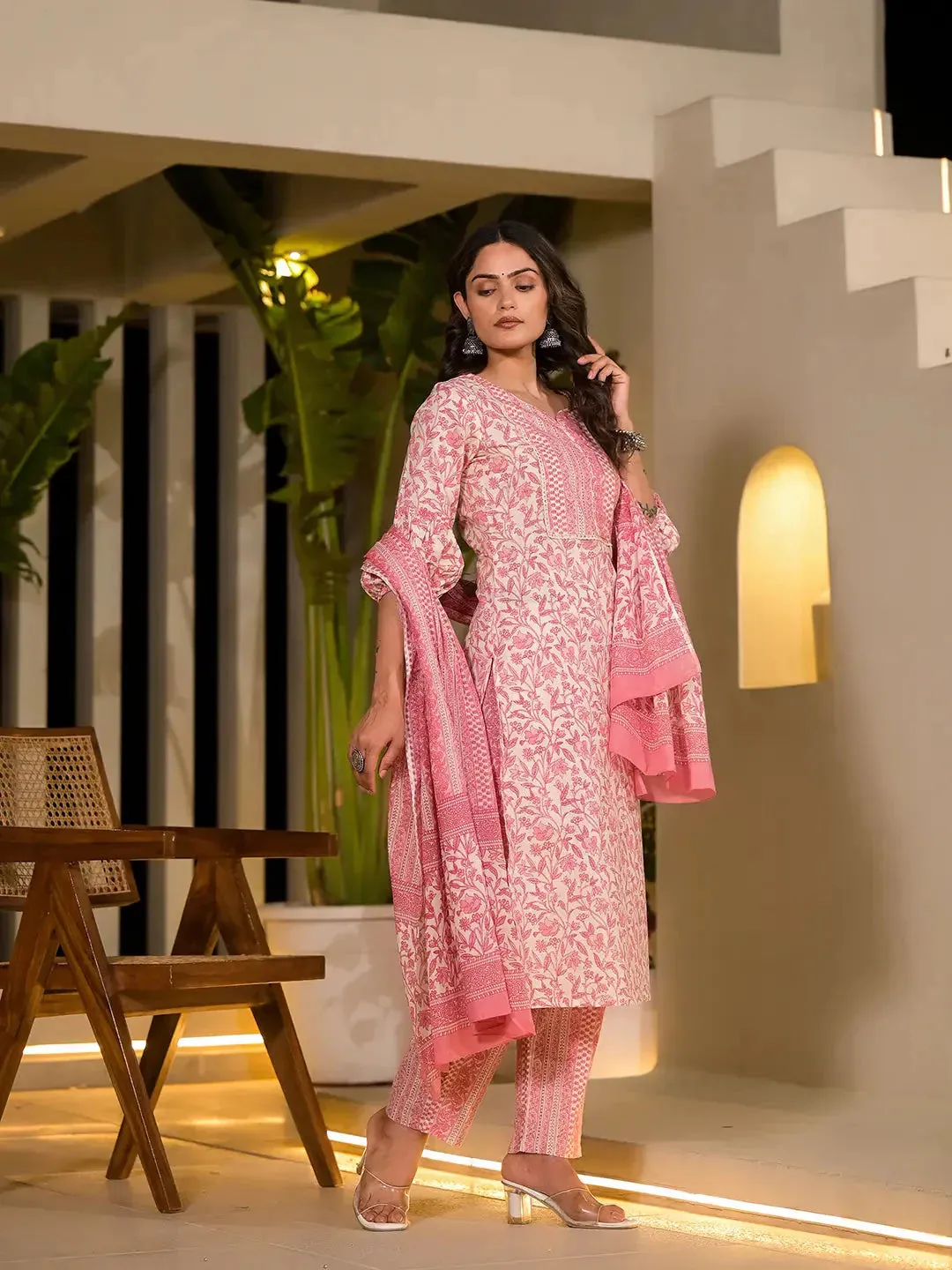 Pink Leaf Print Piping On Yoke Straight Kurta With Trousers And Dupatta Set