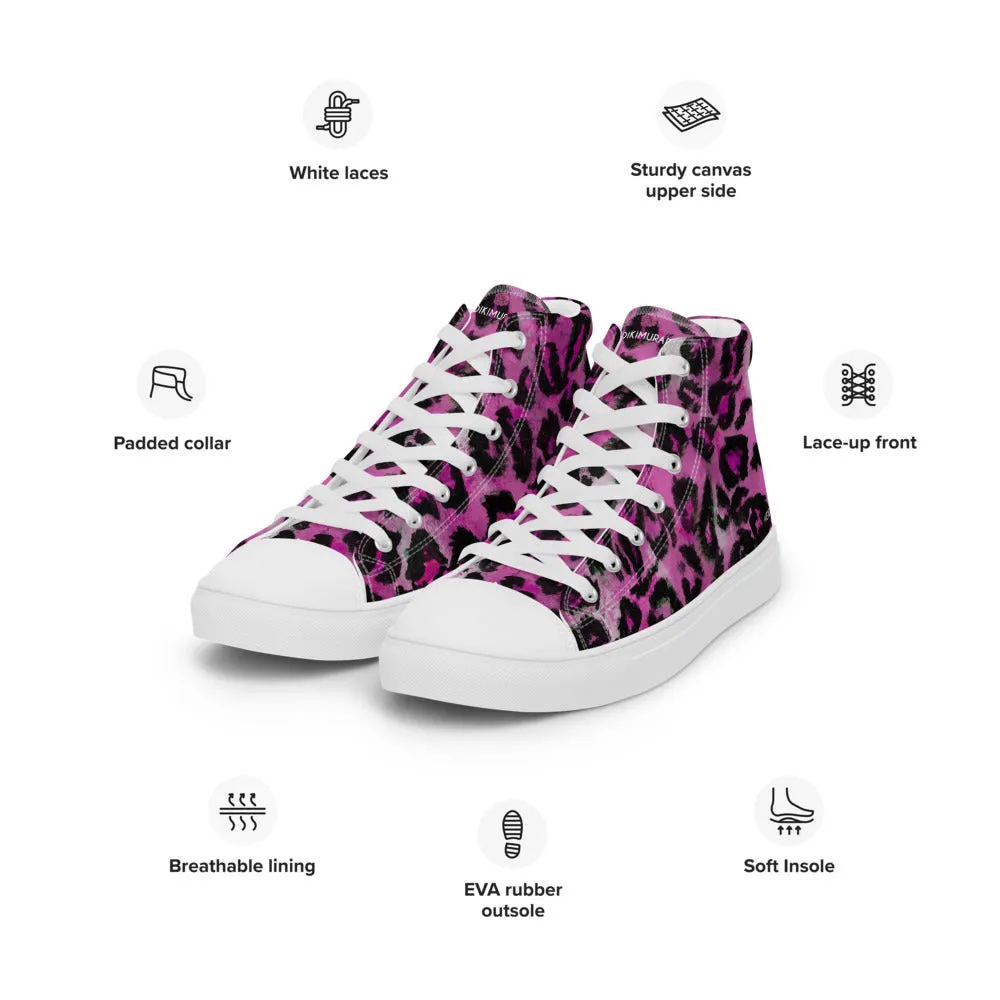 Pink Leopard Men's Sneakers, Animal Print High Top Canvas Stylish Fashion Tennis Shoes For Men