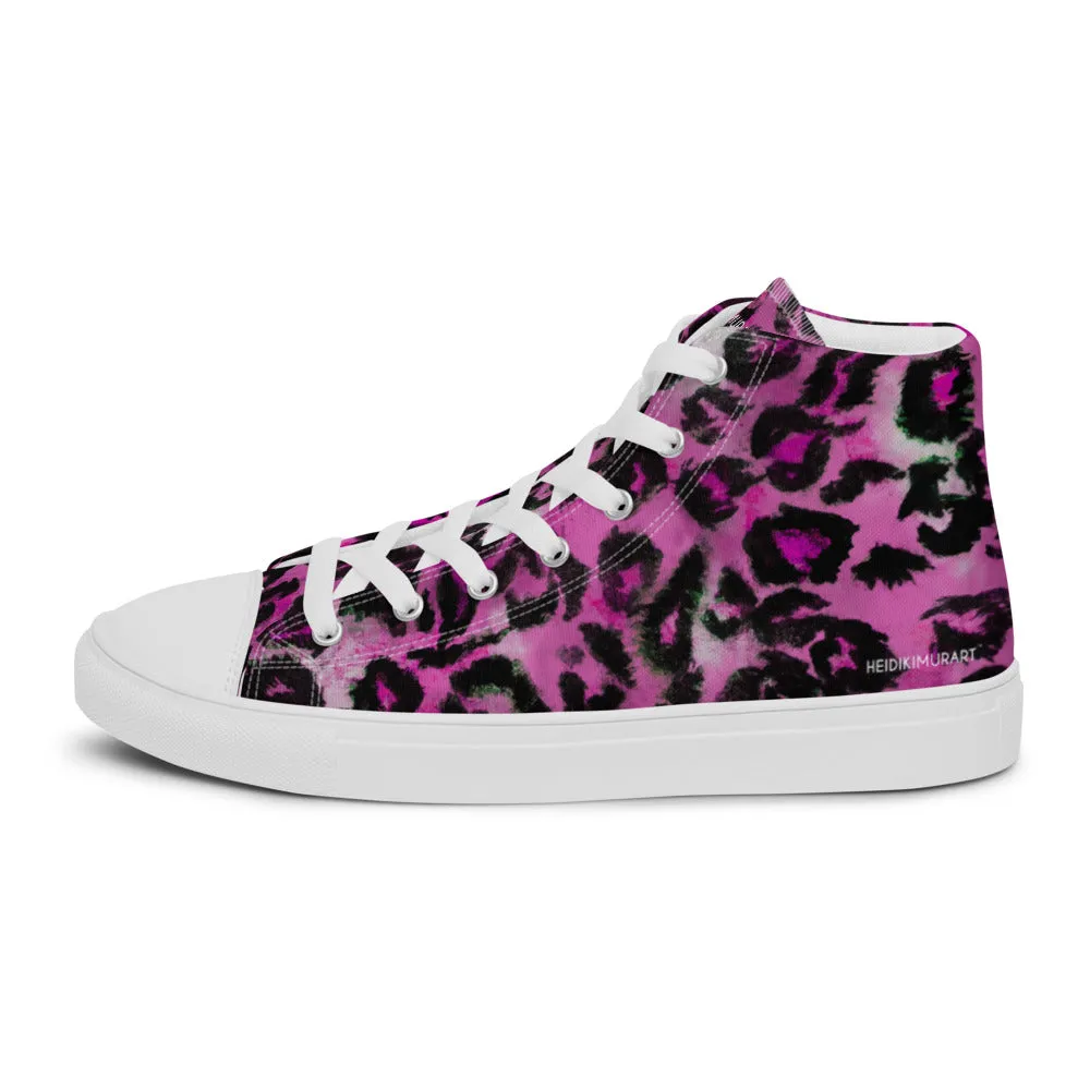 Pink Leopard Men's Sneakers, Animal Print High Top Canvas Stylish Fashion Tennis Shoes For Men