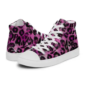 Pink Leopard Men's Sneakers, Animal Print High Top Canvas Stylish Fashion Tennis Shoes For Men