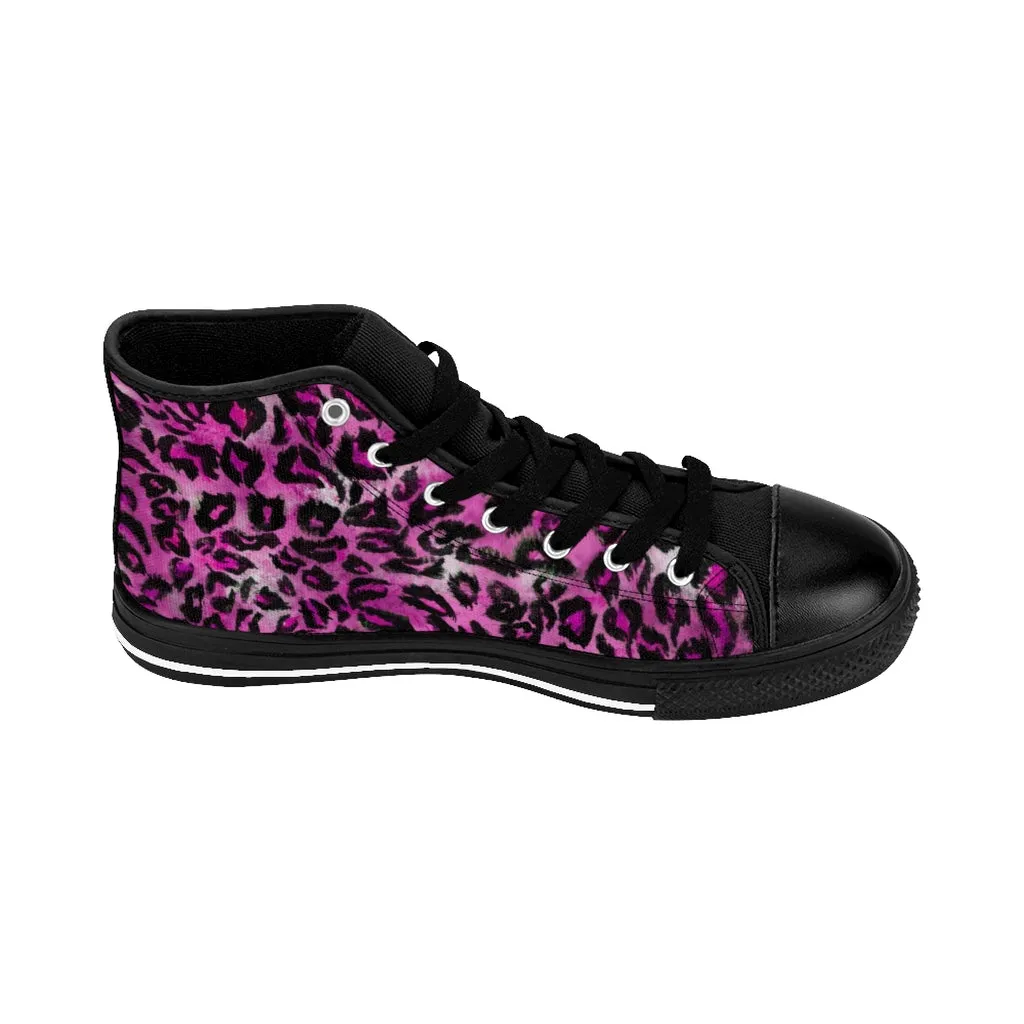 Pink Leopard Women's Sneakers, Animal Print Designer High-top Fashion Tennis Canvas Shoes