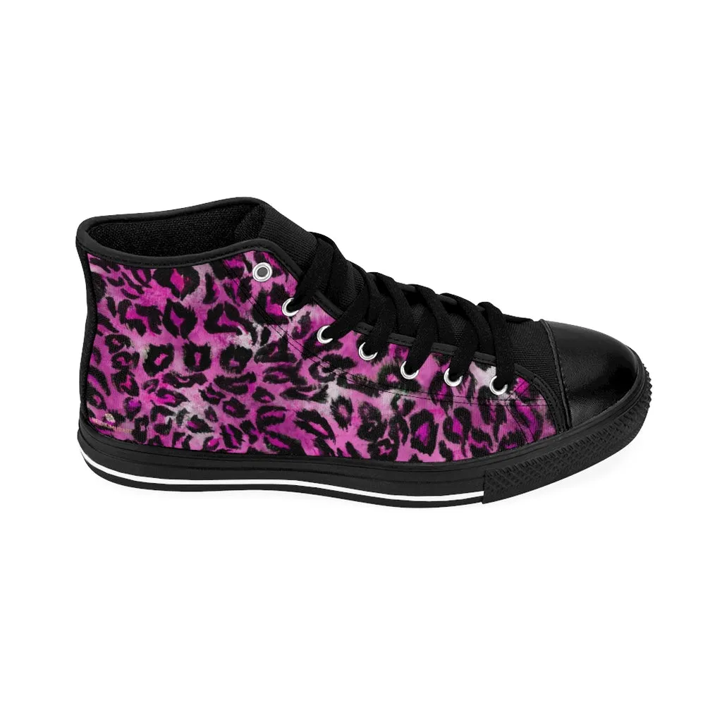 Pink Leopard Women's Sneakers, Animal Print Designer High-top Fashion Tennis Canvas Shoes