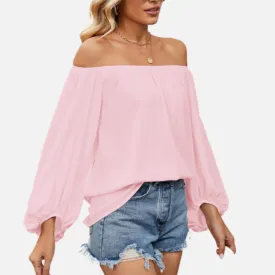 Pink Off Shoulder Blouse Chiffon Blouse with Long Sleeve