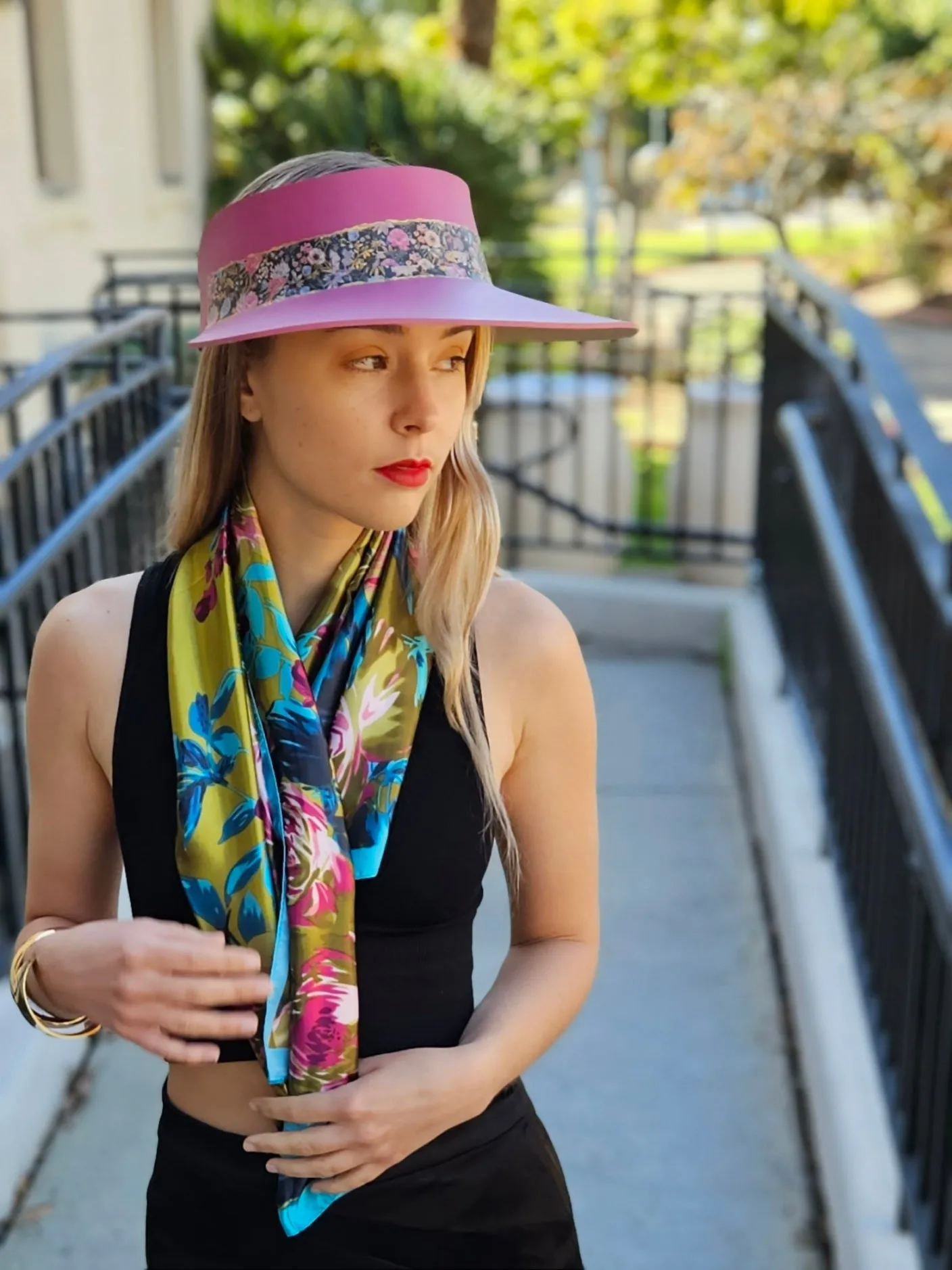 Pink "LadyEVA" Visor Hat with Dark Floral Band