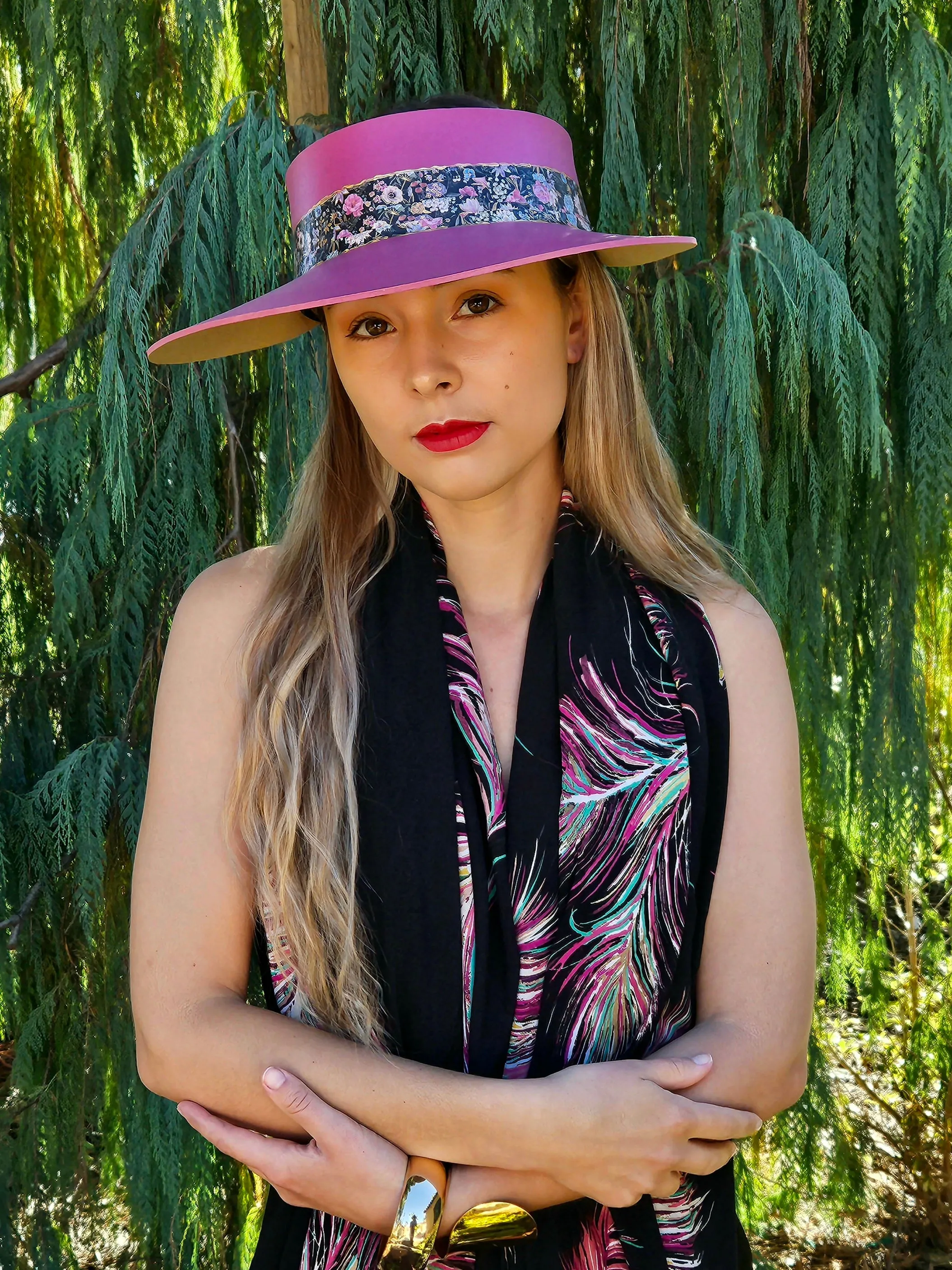 Pink "LadyEVA" Visor Hat with Dark Floral Band