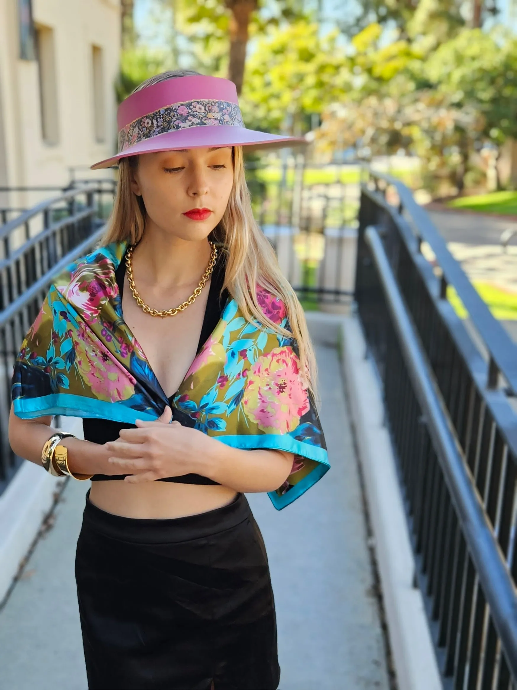 Pink "LadyEVA" Visor Hat with Dark Floral Band