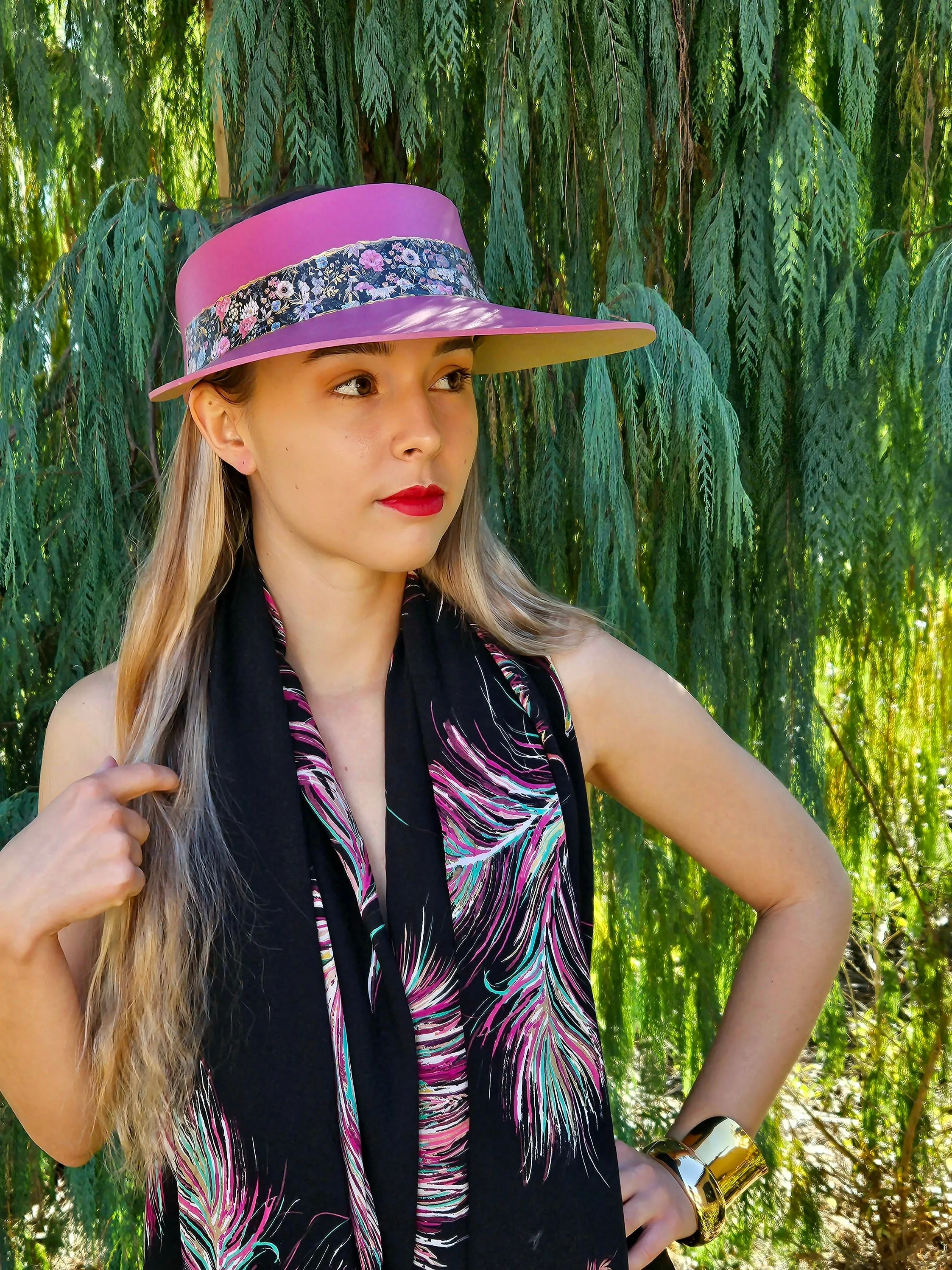 Pink "LadyEVA" Visor Hat with Dark Floral Band