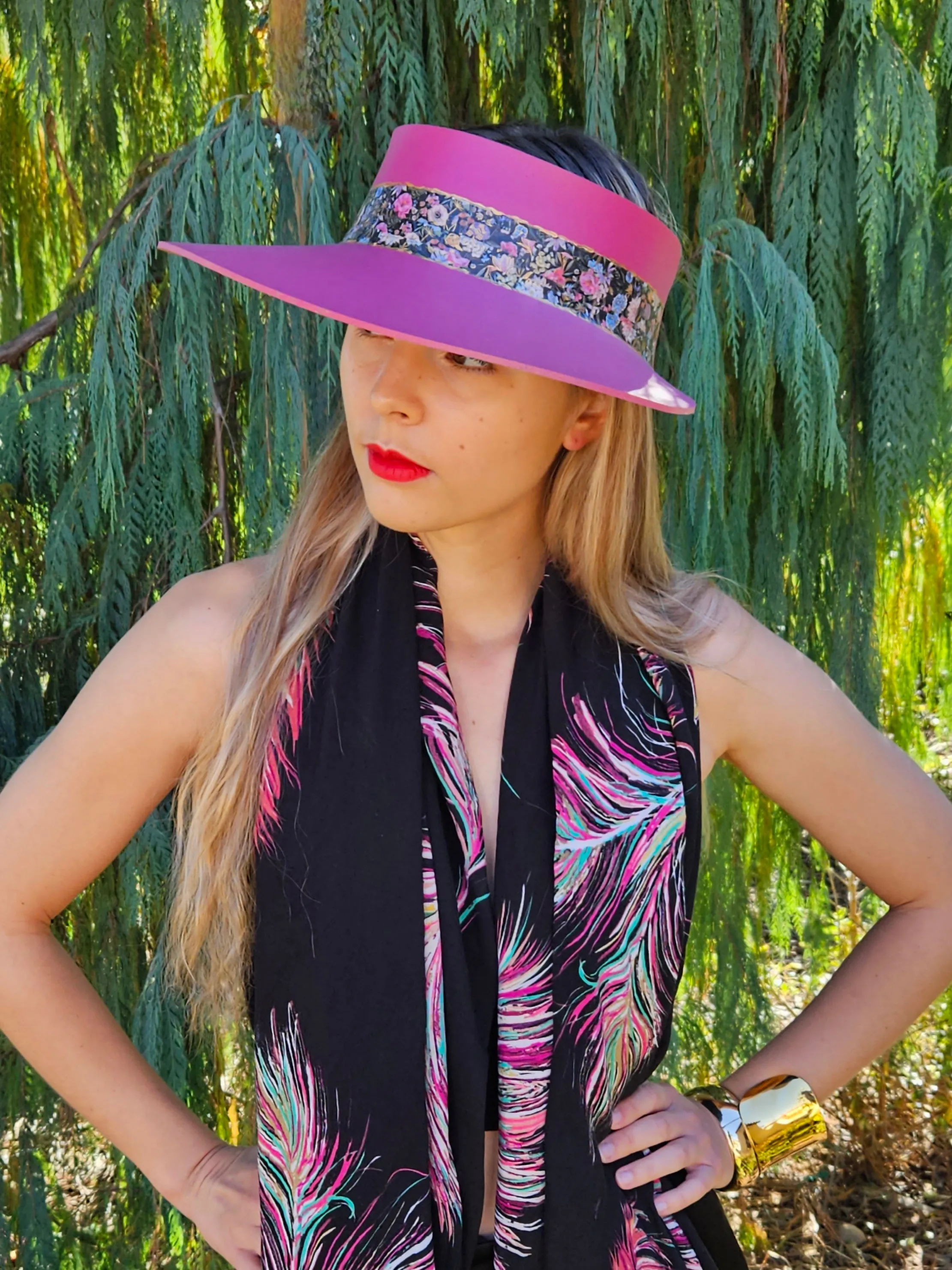 Pink "LadyEVA" Visor Hat with Dark Floral Band