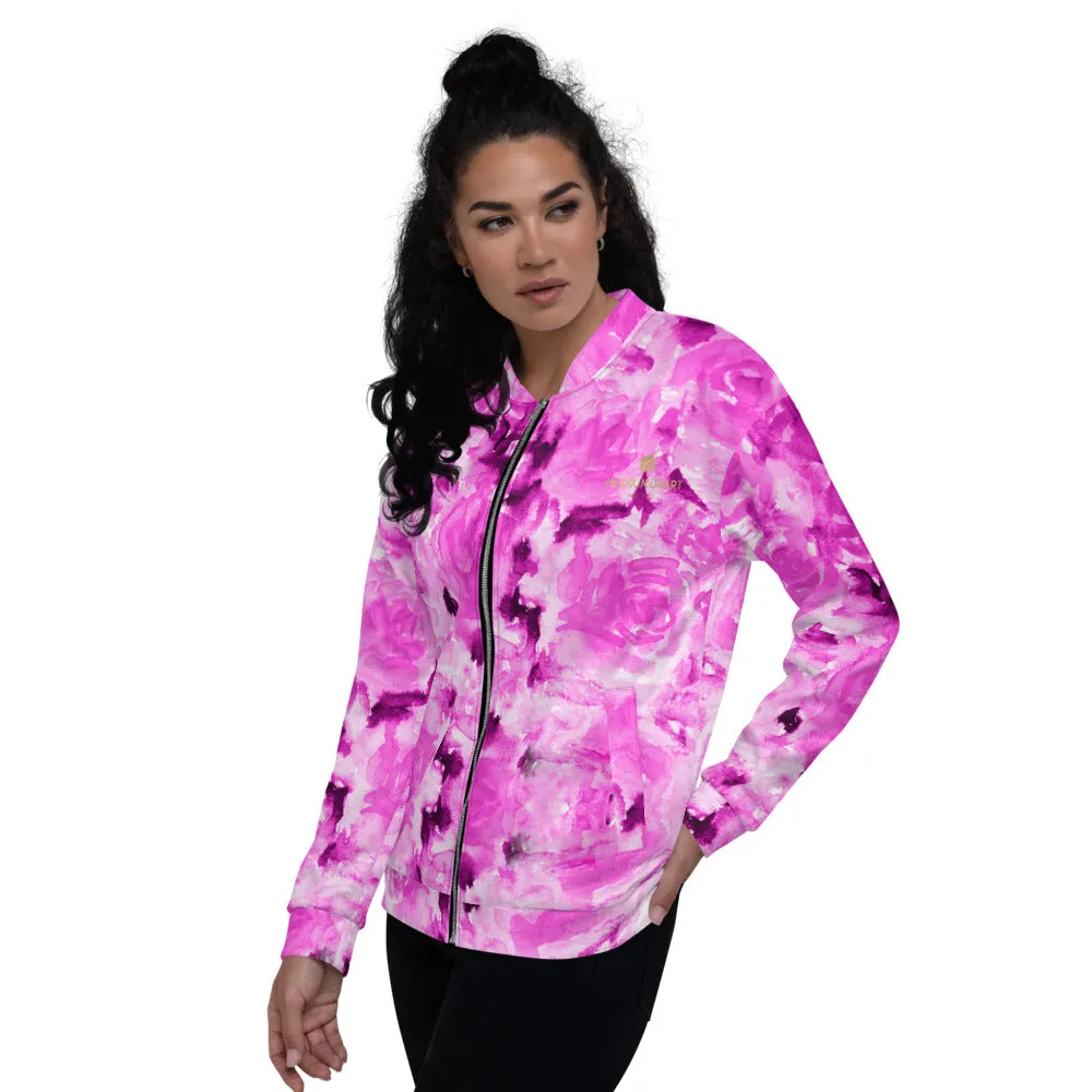 Pink Rose Bomber Jacket, Floral Print Best Unisex Jacket For Men or Women-Made in EU