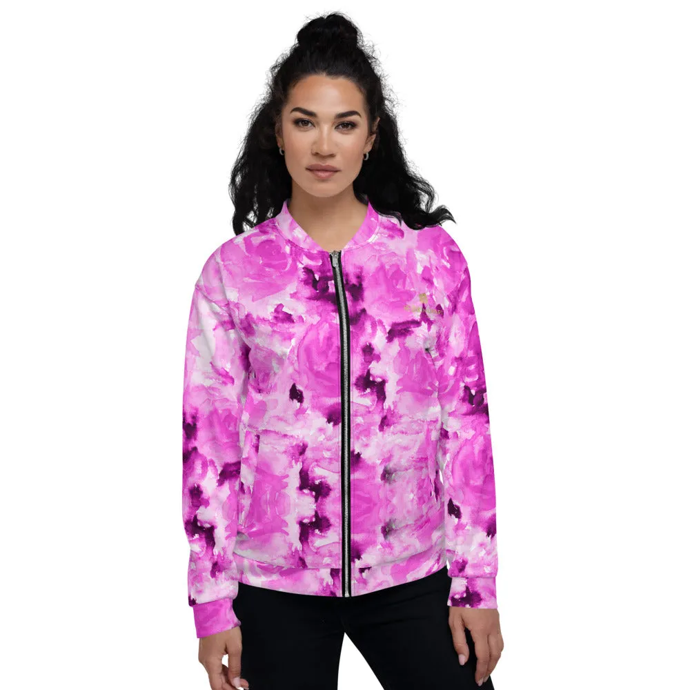 Pink Rose Bomber Jacket, Floral Print Best Unisex Jacket For Men or Women-Made in EU