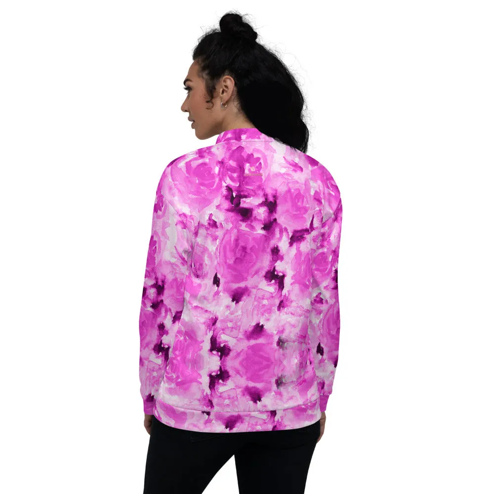 Pink Rose Bomber Jacket, Floral Print Best Unisex Jacket For Men or Women-Made in EU