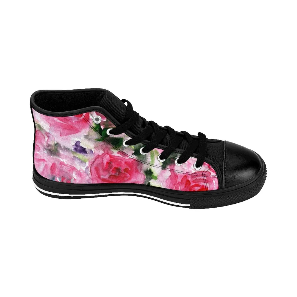 Pink Rose Men's High-top Sneakers, Floral Colorful Print Men's Designer Tennis Running Shoes