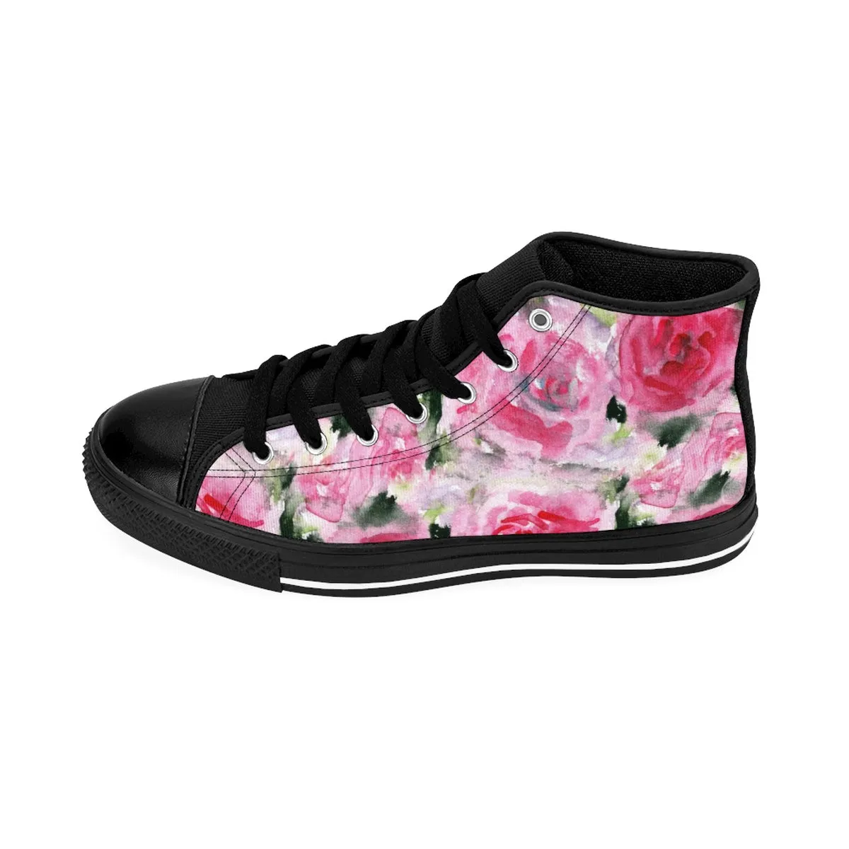 Pink Rose Women's Sneakers, Abstract Floral Print Designer Women's High Top Shoes