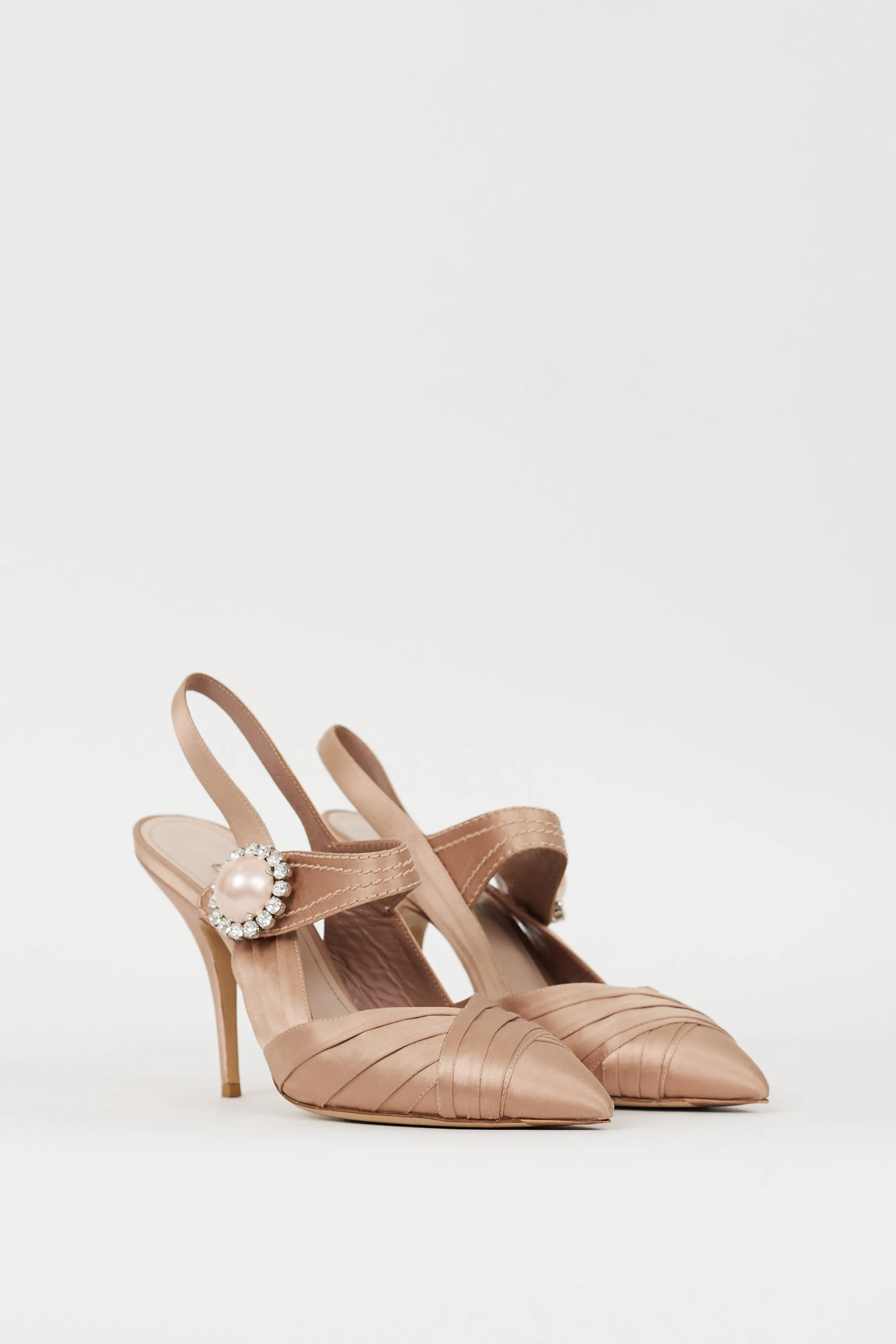 Pink Satin Pleated Brooch Slingback Heel