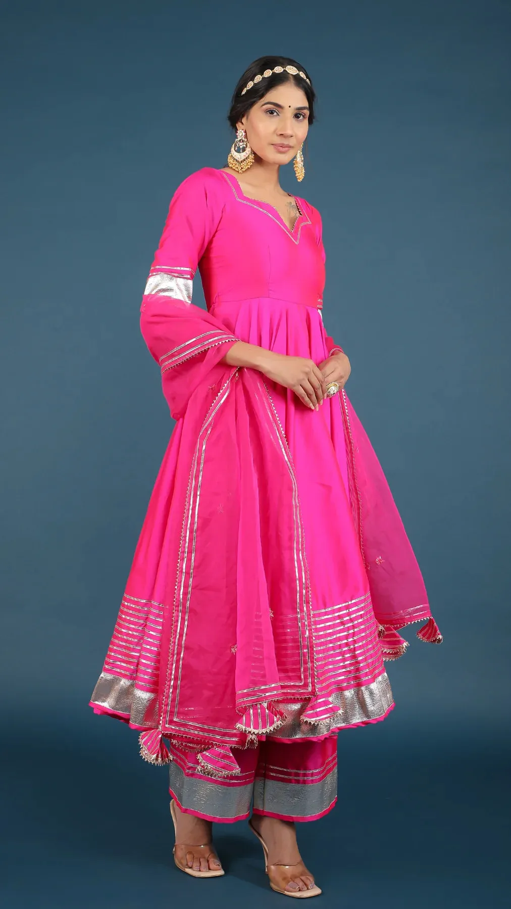 Pink Silk Lace Detailing Anarkali Suit Set with Organza Dupatta